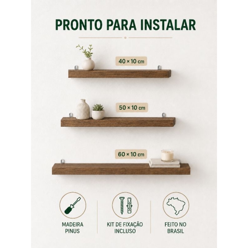 Kit 3 Prateleiras de Madeira Pinus com Suportes para Parede Natural ou Envelhecida