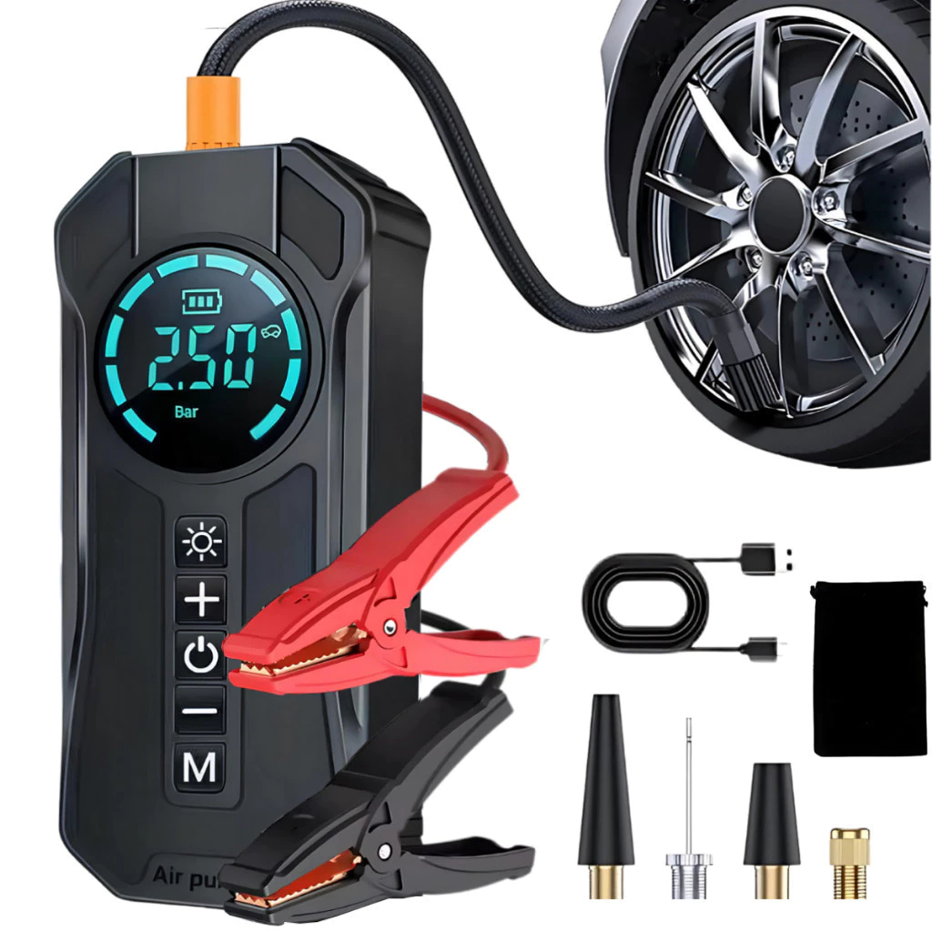 Bomba de Ar Portatil Compressor Inflator Multi-função 4 em 1 PowerBank 8kmah Bateria Calibrador de Carro Auto Pneu